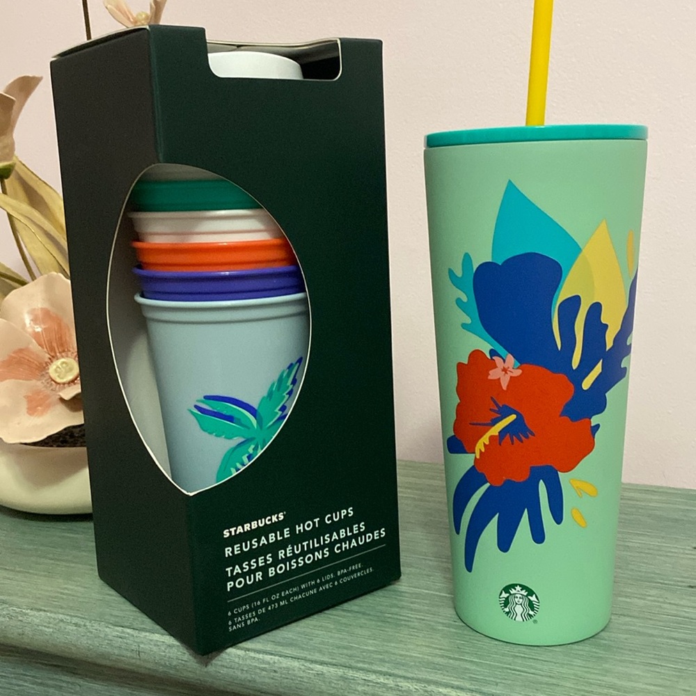Starbucks 2020 Mint Hibiscus 24oz Tumbler & 6-16oz Reusable hot cups 2020